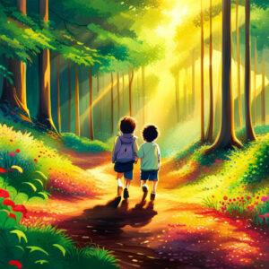 Leser ködern: Zwei Jungen gehen an einem sonnigen Tag einen Waldweg entlang.
