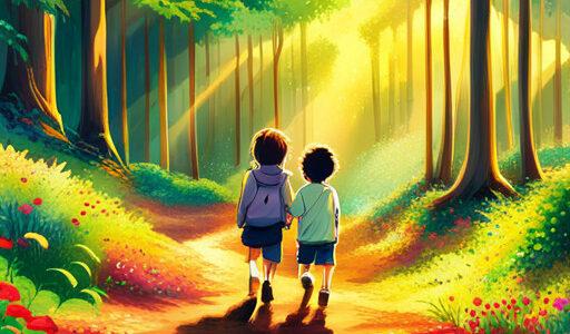 Zwei Jungen gehen an einem sonnigen Tag einen Waldweg entlang.