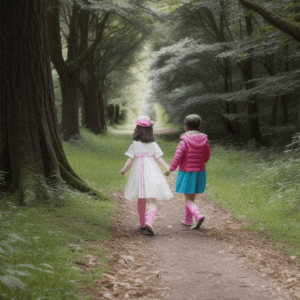KI-Bildgenerator Leap: Zwei Kinder folgen einer Fährte aus Süßigkeiten in einen Wald