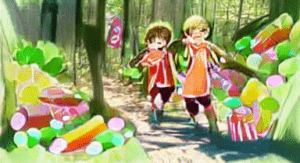 KI-Bildgenerator Pixray: Zwei Kinder folgen einer Spur aus Süßigkeiten in einen Wald