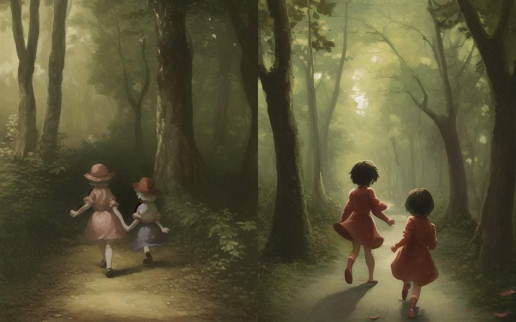 KI-Bildgenerator Starryai: Zwei Kinder folgen einer Fährte aus Süßigkeiten in einen Wald