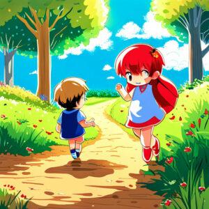 Ein Mädchen und ein kleiner Junge folgen einem Weg durch eine sonnige Landschaft.
