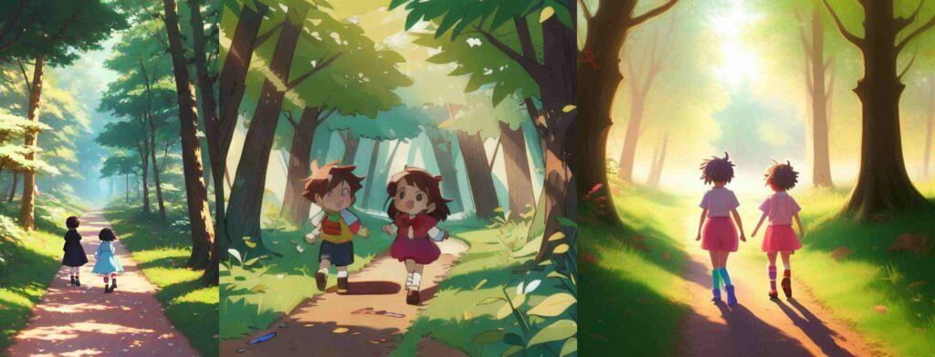 KI-Bildgenerator Dream, getimg, Picsart: Zwei Kinder folgen einer Fährte aus Süßigkeiten in einen Wald