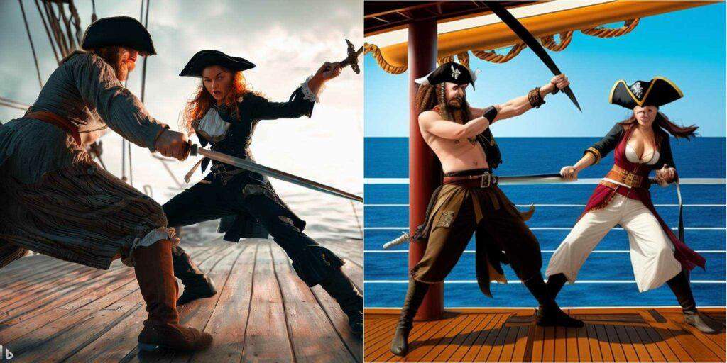 Umsetzung des Prompts durch Bing und Leap: Eine Piratin und ein Pirat duellieren sich an Bord eines Schiffs