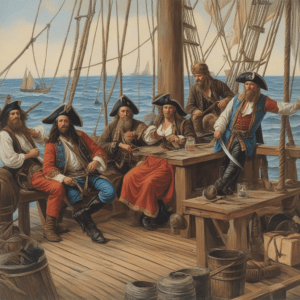 Prompt nicht umsetzen a la Leap: Eine Runde Piraten an Deck eines Schiffs
