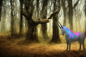 KI-Bildgenerator DeepAI: Einhorn in einem mysteriösen Wald