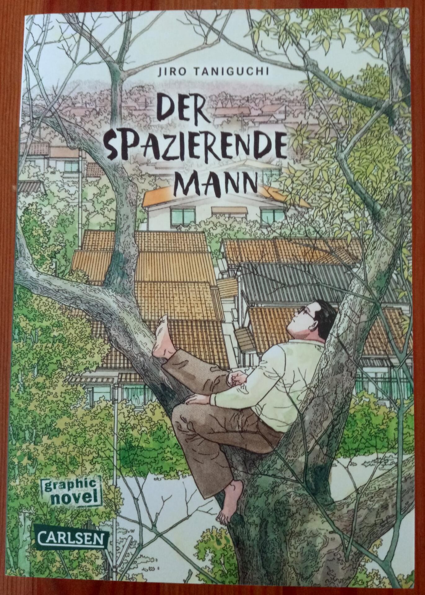 Cover von Jirō Taniguchis "Der spazierende Mann". Ein Mann sitzt in einer Astgabel und schaut in den Himmel. Im Hintergrund eine japanische Kleinstadt.