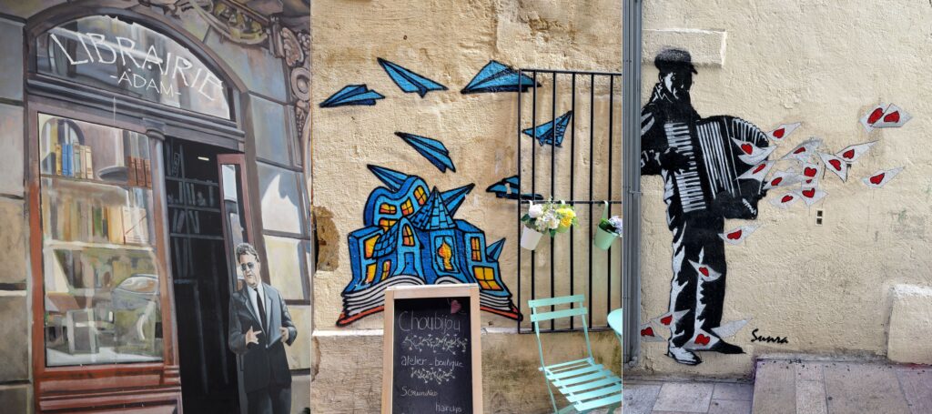 Dreimal Streetart in Montpellier: Ein aufgemalter Eingang zu einer Buchhandlung, ein Haus, das auf einem offenen Buch steht, umgeben von Papierfliegern und ein Akkordeonspieler, um den herum Briefe mit Herzen fliegen