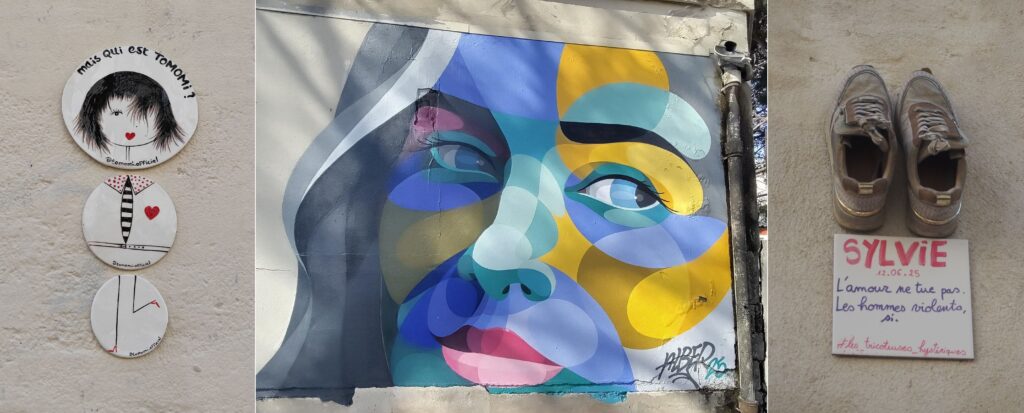 Dreimal Streetart in Montpellier: Eine Frau, gebildet aus drei Buttons, ein Graffiti von einem Frauengesicht und ein Paar Frauenschuhe, um auf Femizide aufmerksam zu machen.