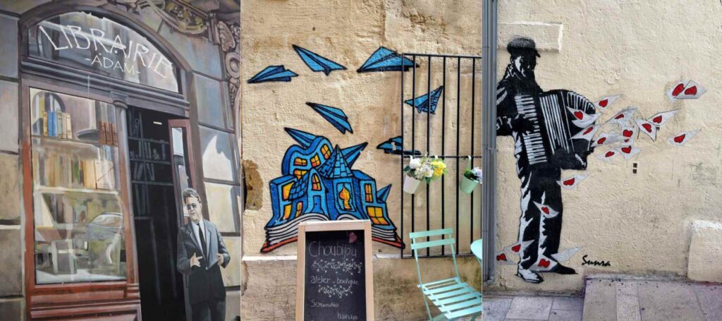 Dreimal Streetart in Montpellier: Ein aufgemalter Eingang zu einer Buchhandlung, ein Haus, das auf einem offenen Buch steht, umgeben von Papierfliegern und ein Akkordeonspieler, um den herum Briefe mit Herzen fliegen.