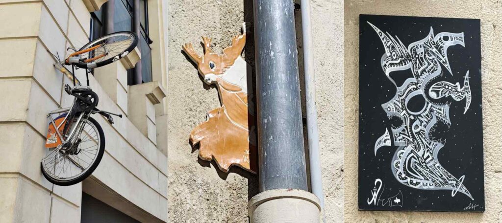 Dreimal Streetart in Montpellier: Ein Fahrrad, das aus der Wand ragt, ein Eichhörnchen an einer Regenrinne und ein abstraktes Muster in Schwarz-Weiß.