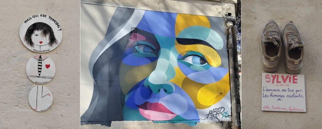 Dreimal Streetart in Montpellier: Eine Frau, gebildet aus drei Buttons, ein Graffiti von einem Frauengesicht und ein Paar Frauenschuhe, um auf Femizide aufmerksam zu machen.
